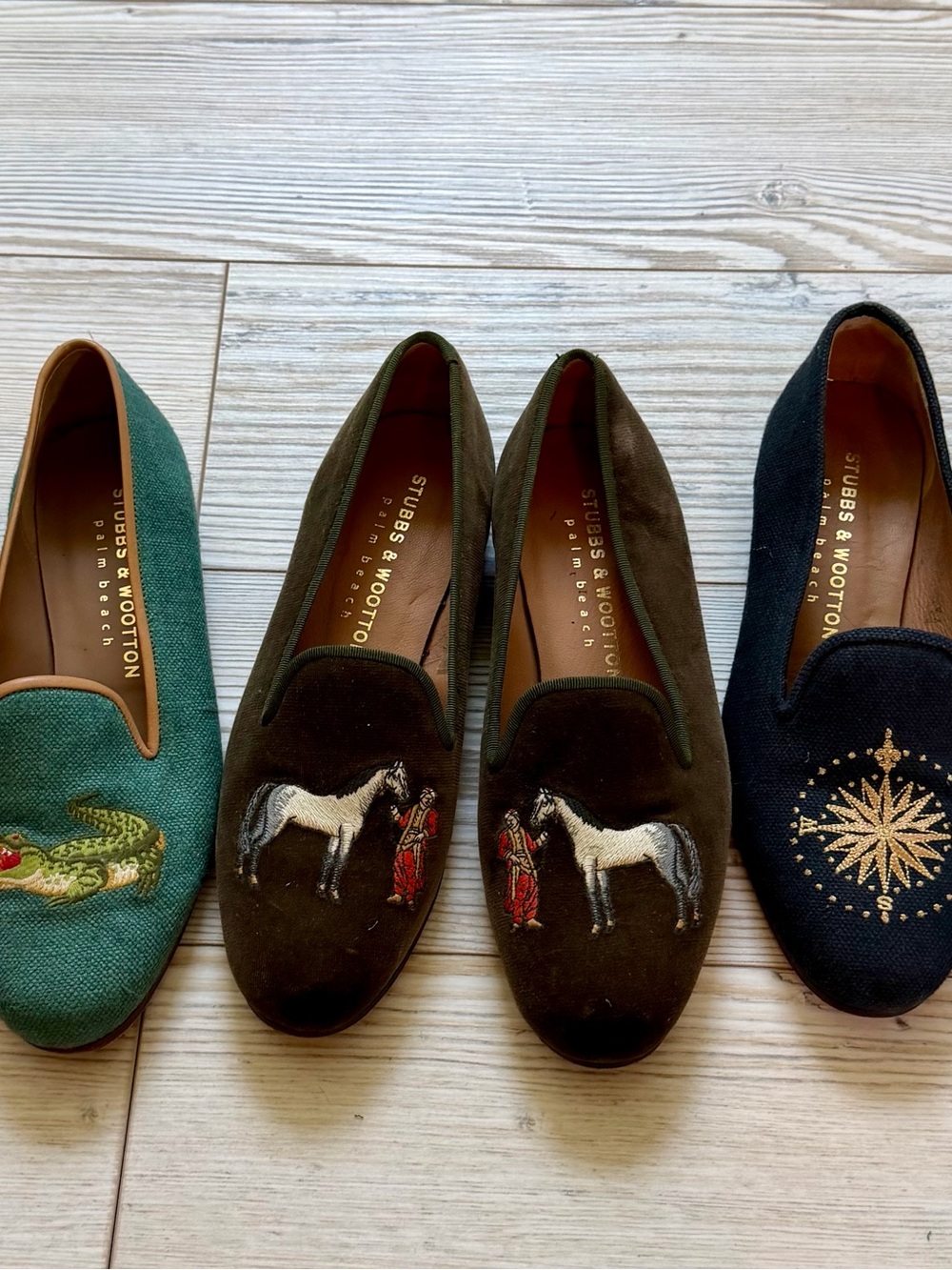 Stubbs & Wootton Velvet Embroidered Loafers in Teal, Olive, and Navy